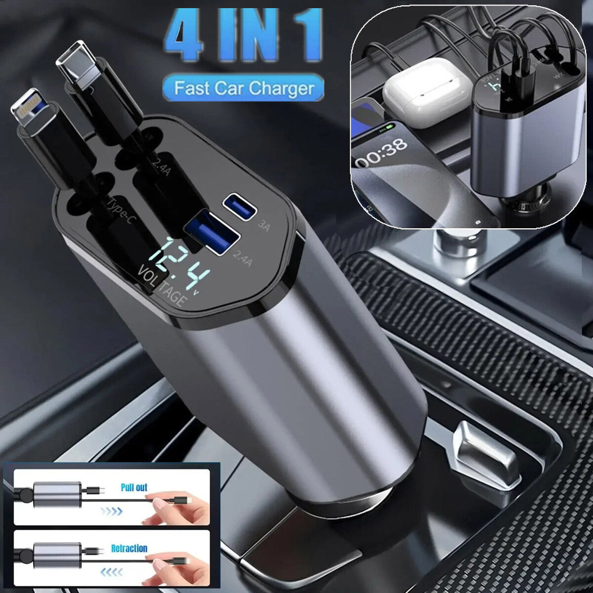 DriveCore™ 4-in-1 Retractable Car Charger 120W